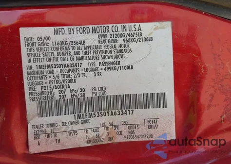 2000 Mercury Sable Ls from USA, damaged, VIN 1MEFM53S0YA633417